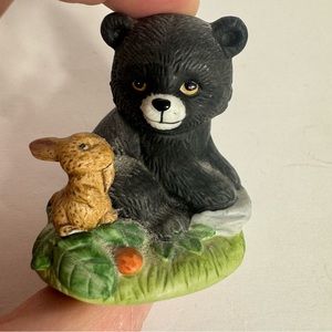 Vintage Homco Little Black Bear Cub w/Little Brown Bunny Rabbit Miniature #1418